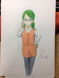 Rating: Safe Score: 0 Tags: 1girl glasses green_eyes green_hair image kanaria long_sleeves marker_(medium) pants photo smile solo standing traditional_media User: admin