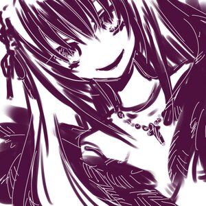 Rating: Safe Score: 0 Tags: 1girl bangs choker eyebrows_visible_through_hair hair_between_eyes image long_hair looking_at_viewer monochrome purple_theme signature simple_background smile solo suigintou white_background User: admin