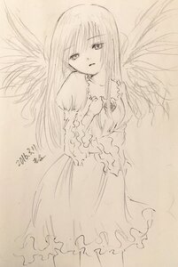 Rating: Safe Score: 0 Tags: 1girl akemi_homura auto_tagged bow dress feathered_wings frilled_dress frills image long_hair long_sleeves looking_at_viewer monochrome simple_background solo suigintou traditional_media wings User: admin