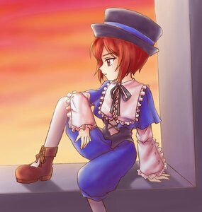 Rating: Safe Score: 0 Tags: 1girl blue_dress boots capelet dress frills full_body hat image long_sleeves pantyhose red_eyes red_hair ribbon short_hair sitting solo souseiseki User: admin