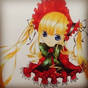 Rating: Safe Score: 0 Tags: 1girl bangs blonde_hair blue_eyes bonnet bow bowtie dress expressionless flower green_bow green_neckwear image long_hair long_sleeves looking_at_viewer marker_(medium) photo rose shinku simple_background solo traditional_media twintails white_background User: admin