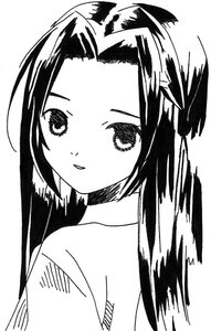 Rating: Safe Score: 0 Tags: 1girl bangs blush eyebrows_visible_through_hair forehead greyscale human image kakizaki_megu long_hair looking_at_viewer monochrome parted_bangs simple_background smile solo white_background User: admin