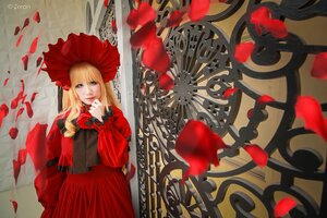 Rating: Safe Score: 0 Tags: 1girl blonde_hair bonnet dress flower long_hair long_sleeves looking_at_viewer petals red_dress rose_petals shinku solo User: admin