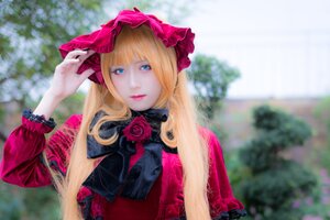 Rating: Safe Score: 0 Tags: 1girl bangs blonde_hair blue_eyes blurry blurry_background bonnet bush day depth_of_field dress flower lips long_hair long_sleeves looking_at_viewer outdoors photo realistic rose shinku solo upper_body User: admin