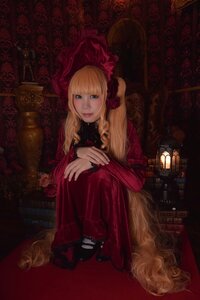 Rating: Safe Score: 0 Tags: 1girl bangs blonde_hair blue_eyes curtains dress flower knees_up lips long_hair looking_at_viewer realistic red_dress rose shinku sitting solo User: admin