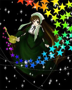 Rating: Safe Score: 0 Tags: 1girl brown_hair dress green_dress green_eyes head_scarf holding image long_sleeves looking_at_viewer ribbon solo standing star_(symbol) star_print starry_background suiseiseki twintails very_long_hair watering_can User: admin