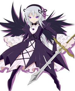 Rating: Safe Score: 0 Tags: 1girl auto_tagged black_wings boots choker dress frills grin hair_ribbon hairband image long_hair long_sleeves purple_eyes ribbon silver_hair smile solo suigintou weapon wings User: admin