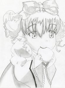 Rating: Safe Score: 0 Tags: 1girl auto_tagged bow drill_hair eating eyebrows_visible_through_hair greyscale hair_bow hinaichigo holding image looking_at_viewer monochrome solo traditional_media upper_body User: admin