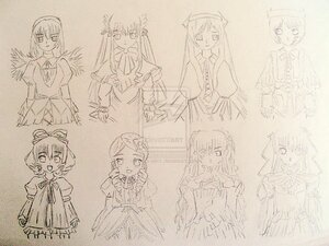 Rating: Safe Score: 0 Tags: dress hair_ornament image long_hair looking_at_viewer monochrome multiple multiple_girls short_hair sketch smile suigintou tagme traditional_media virtual_youtuber wings User: admin