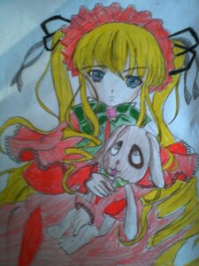 Rating: Safe Score: 0 Tags: 1girl blonde_hair blue_eyes bonnet bow bowtie dress flower green_bow image long_hair long_sleeves looking_at_viewer marker_(medium) red_dress shinku solo traditional_media User: admin