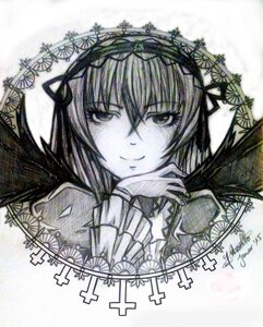 Rating: Safe Score: 0 Tags: 1girl flower hair_ribbon image long_hair long_sleeves looking_at_viewer monochrome ribbon simple_background smile solo suigintou User: admin