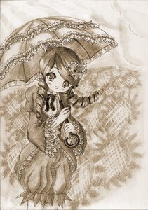 Rating: Safe Score: 0 Tags: 1girl blush dress drill_hair flower frills holding_umbrella image kanaria long_hair long_sleeves looking_at_viewer monochrome open_mouth parasol smile solo traditional_media twin_drills twintails umbrella User: admin