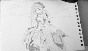 Rating: Safe Score: 0 Tags: 1girl dress frills gloves greyscale hairband image long_hair long_sleeves looking_at_viewer monochrome solo suigintou traditional_media wings User: admin