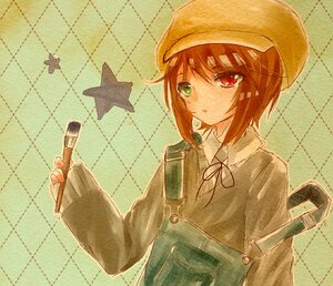 Rating: Safe Score: 0 Tags: 1girl brown_hair checkered_background green_eyes hat heterochromia holding honeycomb_(pattern) honeycomb_background image long_sleeves neck_ribbon red_eyes short_hair solo souseiseki star_(symbol) upper_body User: admin