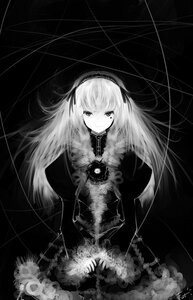 Rating: Safe Score: 0 Tags: 1girl closed_mouth dress flower greyscale hairband highres image lolita_fashion long_hair long_sleeves looking_at_viewer monochrome mrfatso photoshop_(medium) rose rozen_maiden signature solo suigintou very_long_hair User: admin