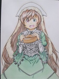 Rating: Safe Score: 0 Tags: 1girl brown_hair dress frills green_dress hat heterochromia holding image long_hair long_sleeves marker_(medium) open_mouth red_eyes simple_background solo suiseiseki traditional_media very_long_hair User: admin