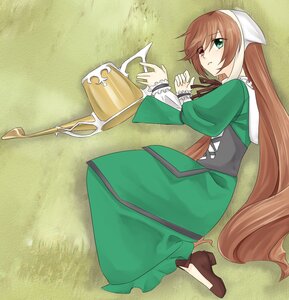 Rating: Safe Score: 0 Tags: 1girl brown_hair dress frills green_dress green_eyes head_scarf heterochromia high_heels image long_hair long_sleeves looking_at_viewer lying on_side red_eyes solo suiseiseki very_long_hair watering_can User: admin