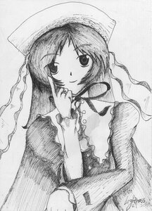 Rating: Safe Score: 0 Tags: 1girl bangs dated dress eyebrows_visible_through_hair frills graphite_(medium) greyscale hat image long_hair long_sleeves looking_at_viewer millipen_(medium) monochrome signature simple_background smile solo suiseiseki traditional_media upper_body User: admin