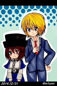 Rating: Safe Score: 0 Tags: 1boy 1girl blonde_hair dress formal hat image letterboxed long_sleeves looking_at_viewer necktie pants polka_dot polka_dot_background short_hair smile solo souseiseki User: admin
