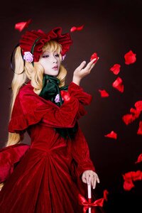 Rating: Safe Score: 0 Tags: 1girl blonde_hair bonnet dress flower lips long_hair long_sleeves nail_polish petals red_dress rose shinku solo User: admin