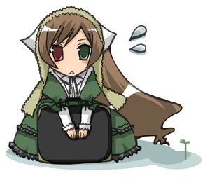 Rating: Safe Score: 0 Tags: 1girl blush brown_hair chibi dress frills full_body green_dress green_eyes heterochromia image long_hair long_sleeves looking_at_viewer red_eyes simple_background sitting solo suiseiseki twin_drills very_long_hair white_background User: admin