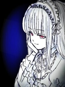 Rating: Safe Score: 0 Tags: 1girl bangs closed_mouth dress eyebrows_visible_through_hair frills hairband image long_hair long_sleeves looking_at_viewer monochrome pink_eyes ribbon simple_background smile solo suigintou upper_body User: admin