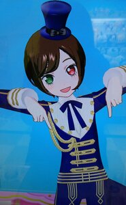 Rating: Safe Score: 0 Tags: blue_background brown_hair green_eyes hat heterochromia image index_finger_raised long_sleeves looking_at_viewer mini_hat open_mouth pointing red_eyes short_hair smile solo souseiseki swept_bangs top_hat User: admin