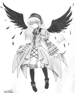 Rating: Safe Score: 0 Tags: 1girl black_wings boots dress feathered_wings feathers flower frills full_body greyscale hairband image long_hair long_sleeves looking_at_viewer monochrome ribbon signature solo standing suigintou traditional_media wings User: admin