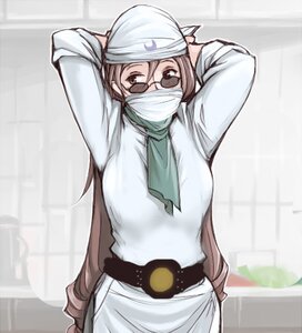 Rating: Safe Score: 0 Tags: 1girl brown_eyes brown_hair hat image long_hair long_sleeves looking_at_viewer mask mouth_mask solo suiseiseki surgical_mask User: admin
