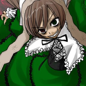 Rating: Safe Score: 0 Tags: 1girl brown_hair dress evil_smile frills green_dress green_eyes grin heterochromia image long_hair long_sleeves red_eyes smile solo suiseiseki teeth User: admin