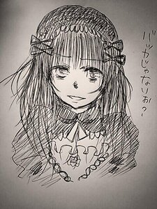 Rating: Safe Score: 0 Tags: 1girl bangs blush greyscale image looking_at_viewer monochrome photo simple_background sketch smile solo suigintou traditional_media User: admin