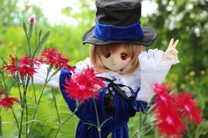 Rating: Safe Score: 0 Tags: 1girl blonde_hair blue_headwear blurry blurry_foreground depth_of_field doll dress flower hat hibiscus long_sleeves looking_at_viewer outdoors red_eyes red_flower short_hair solo souseiseki spider_lily User: admin