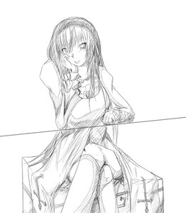 Rating: Safe Score: 0 Tags: 1girl crossed_legs dress frills greyscale hairband image long_hair long_sleeves looking_at_viewer monochrome simple_background sitting sketch smile solo suigintou white_background User: admin