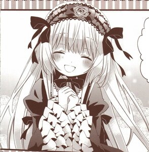 Rating: Safe Score: 0 Tags: 1girl :d ^_^ blush bow closed_eyes dress eyebrows_visible_through_hair facing_viewer flower frills gothic_lolita greyscale hairband image lolita_fashion long_hair long_sleeves monochrome open_mouth ribbon rose smile solo suigintou traditional_media upper_body User: admin