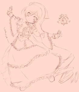 Rating: Safe Score: 0 Tags: 1girl closed_mouth dress eyebrows_visible_through_hair frills full_body image long_hair long_sleeves looking_at_viewer monochrome simple_background sketch smile solo standing suiseiseki User: admin