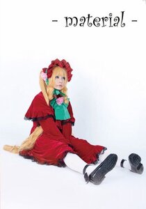 Rating: Safe Score: 0 Tags: 1girl blonde_hair blue_eyes bonnet bow capelet dress flower long_hair red_dress shinku sitting solo twintails User: admin