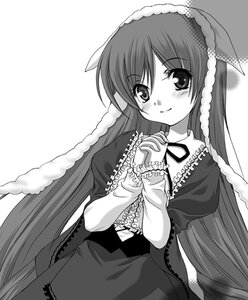Rating: Safe Score: 0 Tags: 1girl blush dress greyscale hands_clasped image long_hair long_sleeves looking_at_viewer monochrome own_hands_together simple_background smile solo suiseiseki very_long_hair User: admin