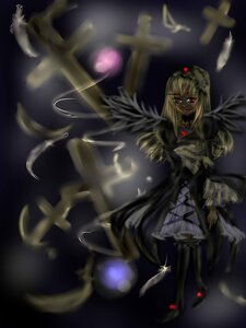 Rating: Safe Score: 0 Tags: 1girl black_wings blonde_hair cross dress feathers frills image jewelry long_hair red_eyes rose smile solo suigintou wings User: admin