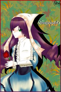 Rating: Safe Score: 0 Tags: 1girl bangs border dress flower green_eyes heterochromia image long_hair long_sleeves looking_at_viewer purple_hair red_eyes red_flower red_rose rose smile solo suiseiseki User: admin