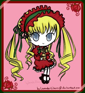 Rating: Safe Score: 0 Tags: 1girl blonde_hair blue_eyes bonnet bow dress flower frills full_body image letterboxed long_hair long_sleeves looking_at_viewer pink_background red_flower rose shinku shoes simple_background solo User: admin