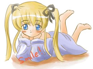 Rating: Safe Score: 0 Tags: 1girl barefoot blonde_hair blue_eyes blush hair_ribbon image long_hair long_sleeves lying off_shoulder on_stomach ribbon shinku simple_background solo twintails very_long_hair User: admin