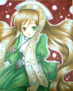 Rating: Safe Score: 0 Tags: 1girl brown_hair dress frills green_dress green_eyes hat head_scarf heterochromia image long_hair long_sleeves looking_at_viewer marker_(medium) red_eyes smile solo suiseiseki traditional_media very_long_hair User: admin