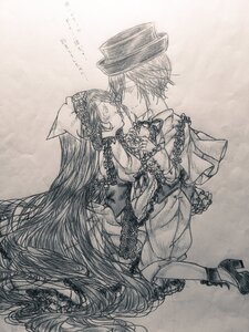 Rating: Safe Score: 0 Tags: 1boy 1girl bow dress frills greyscale hat high_heels holding_hands image long_hair monochrome pair short_hair sleepingcastle smile souseiseki suiseiseki traditional_media very_long_hair User: admin