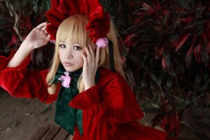 Rating: Safe Score: 0 Tags: 1girl bangs blonde_hair blue_eyes bow dress flower lips long_hair long_sleeves realistic red_dress shinku solo upper_body User: admin