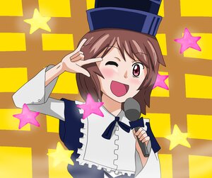 Rating: Safe Score: 0 Tags: 1girl ;d blush brown_hair hat image microphone one_eye_closed open_mouth seikan_hikou short_hair smile solo souseiseki star_(symbol) star_print starry_background yellow_background User: admin