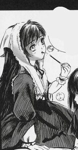 Rating: Safe Score: 0 Tags: blush dress food greyscale image long_hair long_sleeves monochrome multiple_girls solo suiseiseki User: admin