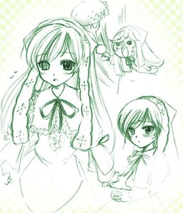 Rating: Safe Score: 0 Tags: 1girl blush dress green_theme image long_hair long_sleeves looking_at_viewer monochrome neck_ribbon ribbon sketch solo suiseiseki upper_body User: admin
