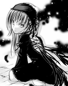 Rating: Safe Score: 0 Tags: 1girl closed_mouth dress greyscale hairband image long_hair long_sleeves looking_at_viewer looking_back monochrome sitting solo suigintou very_long_hair wings User: admin