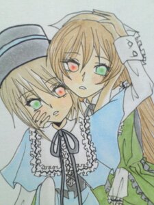 Rating: Safe Score: 0 Tags: 2girls blonde_hair blue_dress blush dress frills green_dress green_eyes hat heterochromia image long_hair long_sleeves looking_at_viewer multiple_girls open_mouth pair red_eyes siblings simple_background sisters souseiseki suiseiseki traditional_media twins very_long_hair User: admin