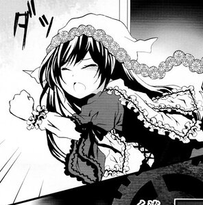 Rating: Safe Score: 0 Tags: 1girl blush closed_eyes dress frills greyscale image long_hair long_sleeves monochrome open_mouth solo suiseiseki User: admin